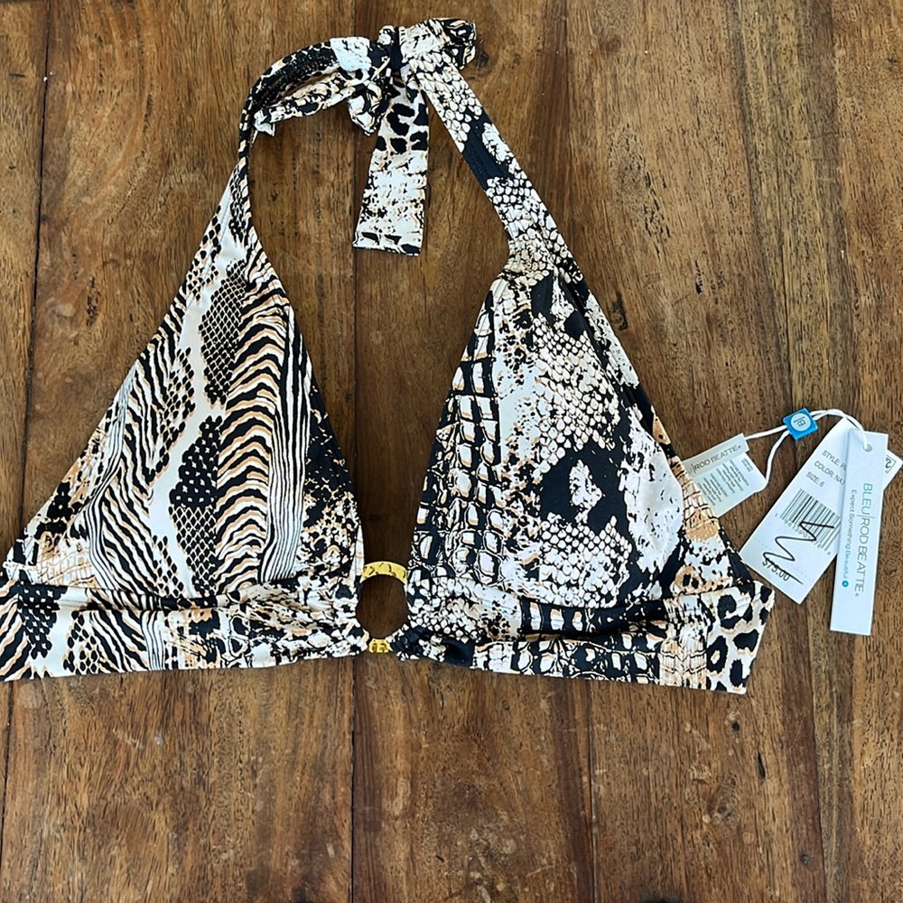 NWT Bleu Rod Beattie Animal Print Halter Padded swim top size 6 gold hardware